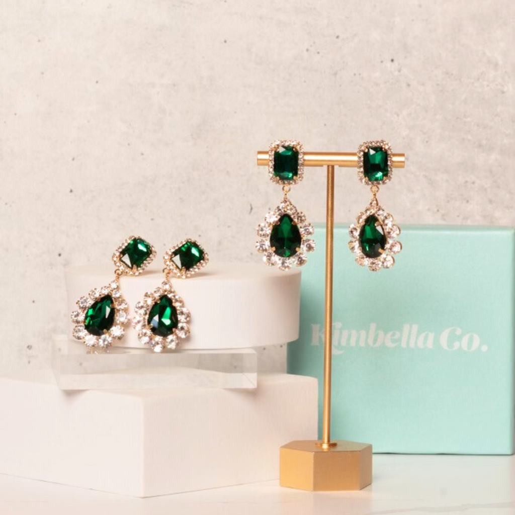 emerald and gold dangle rhinestone earrings
